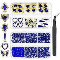 24Pcs Blue Luxury Nail Charms 2000Pcs Sapphire Rhinestones 3D Big Nail Gems K9 Glass Royal Blue Nail Crystals Diamonds Jewelry