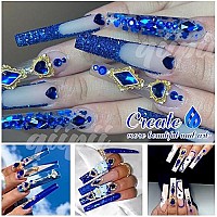 24Pcs Blue Luxury Nail Charms 2000Pcs Sapphire Rhinestones 3D Big Nail Gems K9 Glass Royal Blue Nail Crystals Diamonds Jewelry