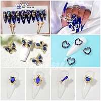 24Pcs Blue Luxury Nail Charms 2000Pcs Sapphire Rhinestones 3D Big Nail Gems K9 Glass Royal Blue Nail Crystals Diamonds Jewelry