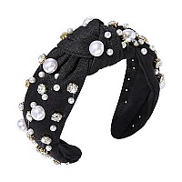 Glbcc Pearl Headband Sparkly Rhinestone Pearls Knot Hairband Wide Knotted Headband Headpiece Spring Summer Pink Black Headbands