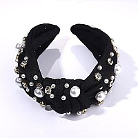 Glbcc Pearl Headband Sparkly Rhinestone Pearls Knot Hairband Wide Knotted Headband Headpiece Spring Summer Pink Black Headbands