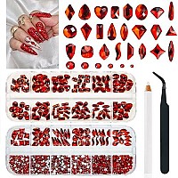 Qiipii 24 Styles Red Nail Rhinestones Multishapes Ruby Red Rhinestones Big Gems Nail Charms Siam Red Round Beads K9 Glass Stone