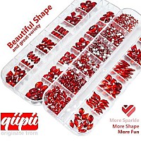 Qiipii 24 Styles Red Nail Rhinestones Multishapes Ruby Red Rhinestones Big Gems Nail Charms Siam Red Round Beads K9 Glass Stone