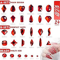 Qiipii 24 Styles Red Nail Rhinestones Multishapes Ruby Red Rhinestones Big Gems Nail Charms Siam Red Round Beads K9 Glass Stone