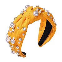 Pearl Knotted Headband For Women White Pearl Rhinestone Crystal Jeweled Embellished Hairband Fashion Elegant Ladies Wide Top Kno