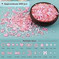 600Pcs 3D Multi Shapes Nail Charms And Flatback Pearls Light Pinkwhite Mix Styles Heart Star Bow Sunflower Embellishments For