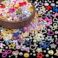 600Pcs 3D Multi Shapes Nail Charms And Flatback Pearls Colorfulwhite Mix Styles Heart Star Bow Sunflower Embellishments For Na