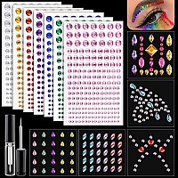 12 Sheets Face Gem Stickers Set 2 With 7 Colors Mixed Shape Crystal Self Adhesive Rhinestones Face Jewels Stick On With Makeup