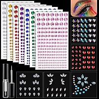 12 Sheets Face Gem Stickers Set 1 With 7 Colors Mixed Shape Crystal Self Adhesive Rhinestones Face Jewels Stick On With Makeup