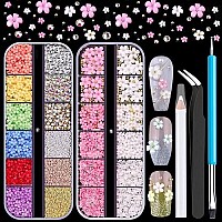 3D Flowers For Nails Colorful Acrylic Flower Nail Charms With Caviar Beads Flat Back Glass Crystal Ab Clear Gemstones Round