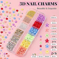 3D Flowers For Nails Colorful Acrylic Flower Nail Charms With Caviar Beads Flat Back Glass Crystal Ab Clear Gemstones Round