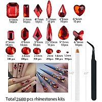 2680 Pcs 3D Red Nail Rhinestones 120Pcs Big Red Glass Crystal Nail Gems Stones Charms Stones With Bling Diamond Flatback Round