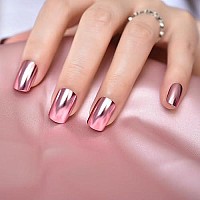 Echiq Chrome Punk Metallic Pink Square Press On False Nails Medium Short Length Fingernails Velvet Fake Nails Bright Acrylic Man