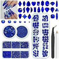 4 Boxes Blue Nail Rhinestones Glitters Kit 24 Shapes K9 Glass Royal Blue Gems Flatback Round Gems Stones Diamonds Crystals Sapp