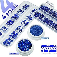 4 Boxes Blue Nail Rhinestones Glitters Kit 24 Shapes K9 Glass Royal Blue Gems Flatback Round Gems Stones Diamonds Crystals Sapp