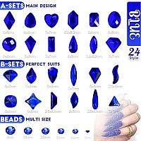 4 Boxes Blue Nail Rhinestones Glitters Kit 24 Shapes K9 Glass Royal Blue Gems Flatback Round Gems Stones Diamonds Crystals Sapp