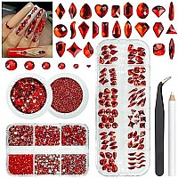 4 Boxes Red Nail Rhinestones Glitters Kit 24 Shapes K9 Glass Ruby Red Gems Flatback Round Gems Stones Diamonds Crystals Siam Re