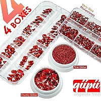 4 Boxes Red Nail Rhinestones Glitters Kit 24 Shapes K9 Glass Ruby Red Gems Flatback Round Gems Stones Diamonds Crystals Siam Re