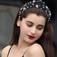 Pearl Knotted Headband For Women White Pearl Rhinestone Crystal Jeweled Embellished Hairband Fashion Elegant Ladies Wide Top Kno