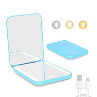 Kintion Rechargeable Pocket Mirror Double Sided 1X3X Magnification Compact Vanity Mirror 3 Color Lights Dimmable Small Port