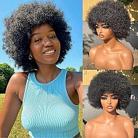 Hlsk Short Afro Wigs 70S Human Hair For Women8 Inch Black Afro Kinky Curly Wig With Bangs For Black Women Gluless 200 Density