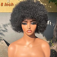 Hlsk Short Afro Wigs 70S Human Hair For Women8 Inch Black Afro Kinky Curly Wig With Bangs For Black Women Gluless 200 Density