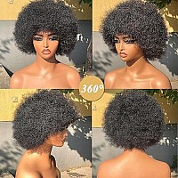 Hlsk Short Afro Wigs 70S Human Hair For Women8 Inch Black Afro Kinky Curly Wig With Bangs For Black Women Gluless 200 Density