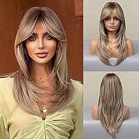 Allbell Blonde Wig For Women Long Straight Layered Wigs With Curtain Bangs Natural Looking Synthetic Wig For Daily Cosplay Use