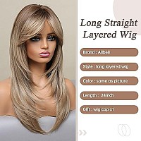 Allbell Blonde Wig For Women Long Straight Layered Wigs With Curtain Bangs Natural Looking Synthetic Wig For Daily Cosplay Use