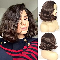 Bluple Dark Brown Lace Front Wig Short Bob Style 6 Pre Plucked Chocolate Brown Loose Wave Curly Synthetic Hair Side Part Half H