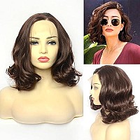 Bluple Dark Brown Lace Front Wig Short Bob Style 6 Pre Plucked Chocolate Brown Loose Wave Curly Synthetic Hair Side Part Half H