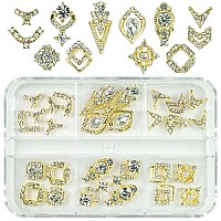 Qiipii 28Pcs Luxury Nail Charms Alloy Charms For Nails 14 Pair 3D Gold Nail Art Rhinestones Nail Gems Golden Nail Crystal Diamon