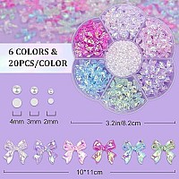 1 Box 3D Bow Nail Charms And Flatback Pearls Set 2 120 Pcs Shiny Bow Charms In 6 Colors For Nail Design 24Mm White Nail Pear