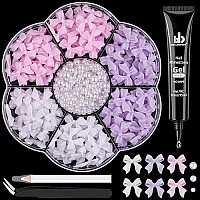 120 Pcs 3D Nail Bow Charms 24Mm Nail Pearls Set 3 Pink White Lilac Bow Nail Charms And White Flatback Pearls With Nail Charm