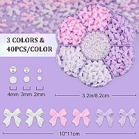 120 Pcs 3D Nail Bow Charms 24Mm Nail Pearls Set 3 Pink White Lilac Bow Nail Charms And White Flatback Pearls With Nail Charm