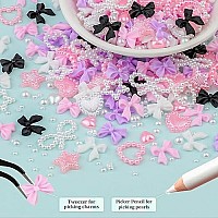 600 Pcs 3D Nail Charms And Flatback Pearls Set 7 4 Colors Nail Bows Charm Pinkwhite Star Heart Moon Cute Nail Jewels 24Mm