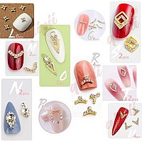 Qiipii 62Pcs Golden Alloy Nail Charms Bulk Luxury Rhinestones Charms For Nails Metal 3D Gold Nail Art Gems Crystals Diamonds Jew