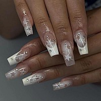 Babalal French Tip Press On Nails Long Coffin Fake Nails White Glue On Nails Y2K Star Acrylic Nails 24Pcs Rhinestone Ballerina M