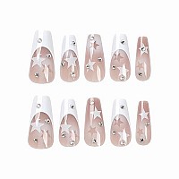 Babalal French Tip Press On Nails Long Coffin Fake Nails White Glue On Nails Y2K Star Acrylic Nails 24Pcs Rhinestone Ballerina M