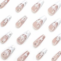 Babalal French Tip Press On Nails Long Coffin Fake Nails White Glue On Nails Y2K Star Acrylic Nails 24Pcs Rhinestone Ballerina M