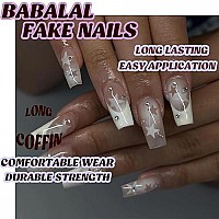 Babalal French Tip Press On Nails Long Coffin Fake Nails White Glue On Nails Y2K Star Acrylic Nails 24Pcs Rhinestone Ballerina M