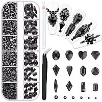 1560Pcs Black Glass Nail Rhinestones 60Pcs Multi Shapes Flatback Gems Crystal 1500Pcs 154Mm Round Beads Manicure Diomand Je