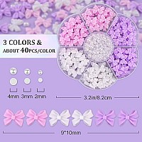 120 Pcs 3D Nail Bow Charms 24Mm Nail Pearls Set 7 Pink White Lilac Bow Nail Charms And White Flatback Pearls With Nail Charm