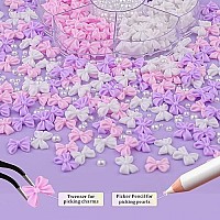 120 Pcs 3D Nail Bow Charms 24Mm Nail Pearls Set 7 Pink White Lilac Bow Nail Charms And White Flatback Pearls With Nail Charm