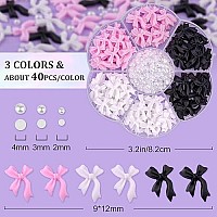 1 Box 3D Bow Nail Charms And Flatback Pearls Set 11 120 Pcs Pink White Black Cute Bow Charms For Nail Design 24Mm White Nail