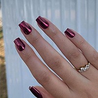 Purple Red Chrome Square Press On Nails Short Medium Kqueenest Mirror Metal False Acrylic Nails Press Ons Metallic Fake Nails Na