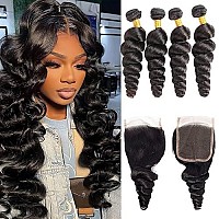 Releek Human Hair Bundles With Closure 18 20 22 2416