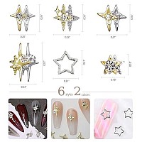 Qiipii 48Pcs Star Nail Charms For Acrylic Nails 3D Silver Golden Stars Nail Rhinestones Nail Gems Jewels Pentagram Cute Crystal