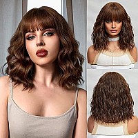 Brown Wigs For Women Dark Brown Short Curly Wavy Bob Wig With Bangs Medium Lenth Synthetic Hair For Daily Party Wedding Gift