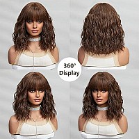 Brown Wigs For Women Dark Brown Short Curly Wavy Bob Wig With Bangs Medium Lenth Synthetic Hair For Daily Party Wedding Gift